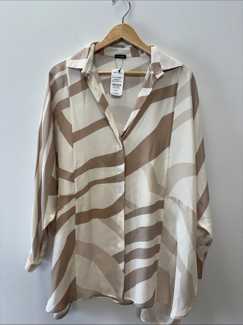 Kiton Cream and Beige Striped Silk Button-Down Blouse